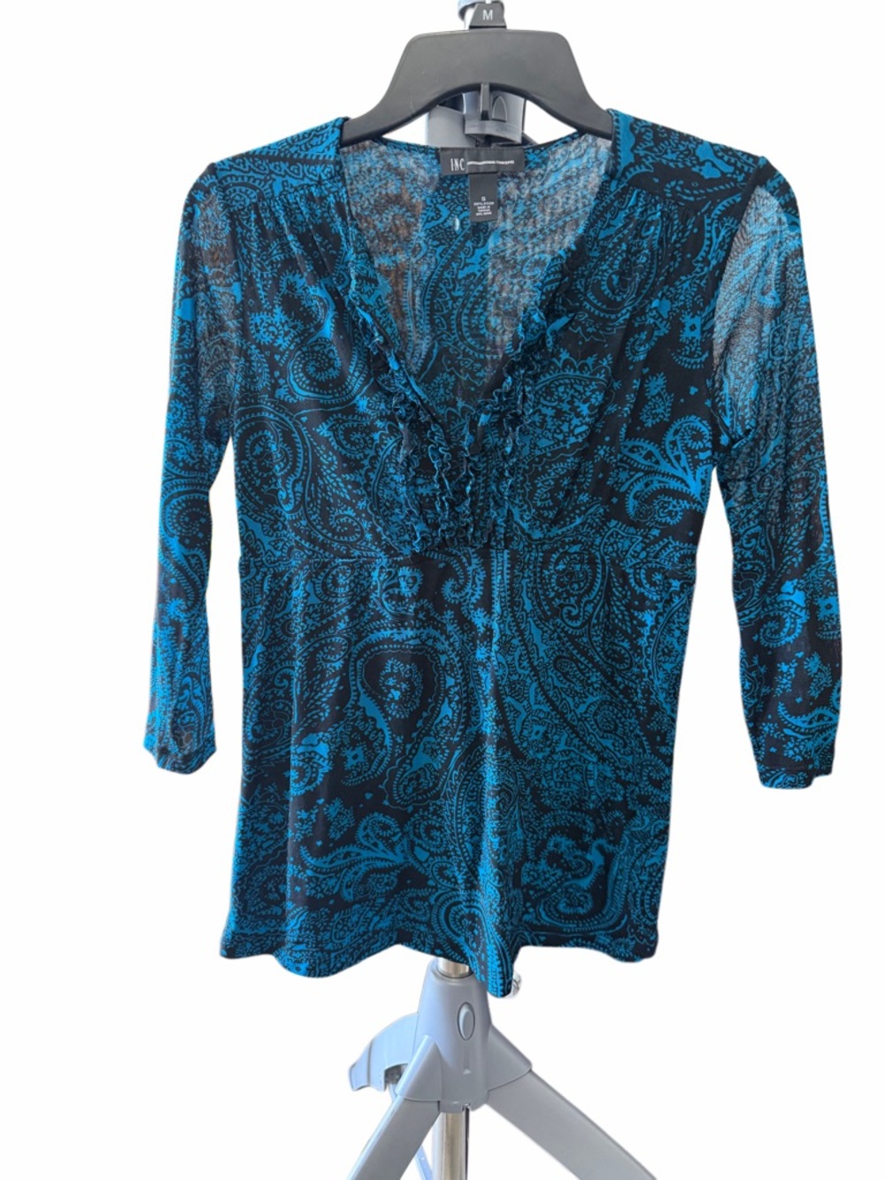 INC International Concepts Teal and Black Paisley V-Neck Ruffled Tunic